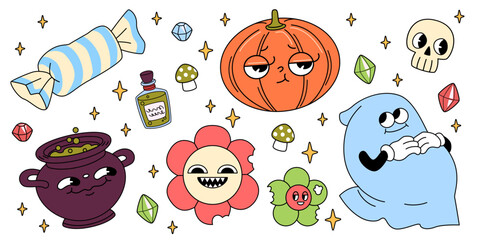 Fototapeta premium Groovy Halloween icons isolated on white background. Vector illustration of retro pumpkin, zombie flower, ghost, cauldron, skull mascots with faces, holiday treats and potion bottle, spooky characters
