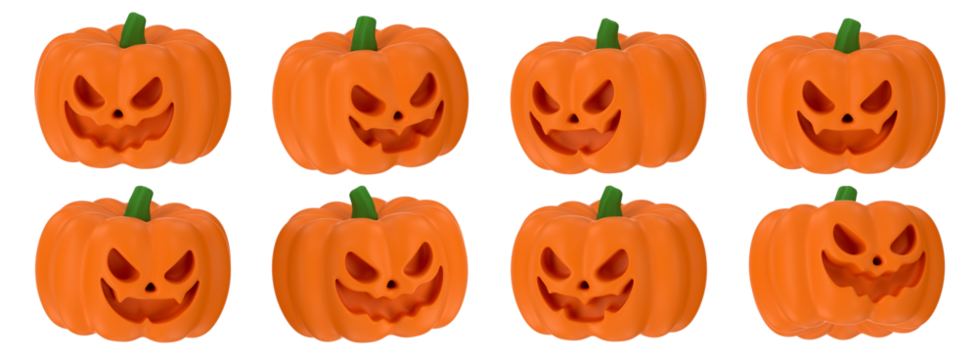 Halloween 3D cartoon pumpkin faces. Spooky trick or treat characters with creepy expressions and evil smiles. PNG transparent set