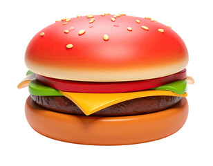 A vibrant 3D render of a cartoon burger with all the classic fixings