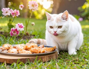 british shorthair cat with chicken