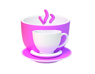 3D rendered image with a large mug, a small cup on a saucer, and steam