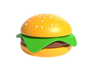 A rendered burger with sesame seeds on top bun, lettuce, and a patty