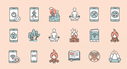 Digital Detox and Mindfulness Hand Drawn Icon Set.