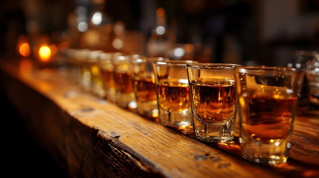 Several shot glasses filled with amber-colored liquid are arranged on a weathered wooden surface, creating a shallow depth of field with warm lighting and a blurred background, suggesting an evening.