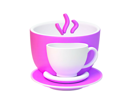 3D rendered image with a large mug, a small cup on a saucer, and steam