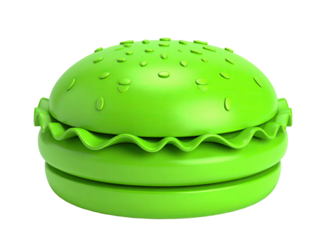 Bright green burger, rendered in 3D with textured bun and stacked patty