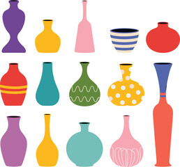 Collection of colorful decorative vases, ceramic pottery, modern home decor set, abstract vase shapes, stylish flat vector illustration design