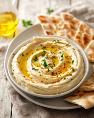plate of hummus with olive oil and pita bread, isolated on white background