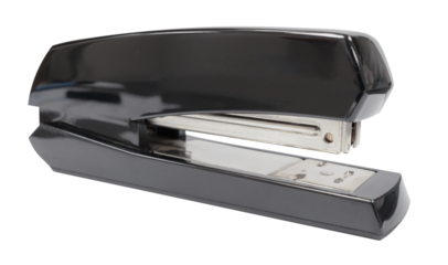 Black metal office stapler isolated on white, office tool supplier concept.