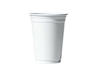 A white, empty, plastic cup with a ribbed design, on a solid black background