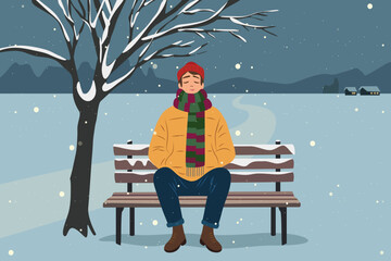 mind - body - soul soothing concept,  mix feeling of miserable calm solitude peaceful relax, man - woman sitting alone on bench under tree, snow falling , cold winter wind blowing,  cartoon vector