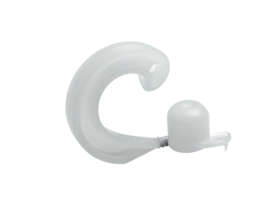A curved white plastic device with a spherical component and a small hook