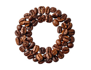 Obraz premium Roasted coffee beans arranged in a circular shape, isolated on black