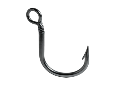 Shiny, metallic fishing tool, curved, isolated on black background