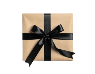 Square package wrapped in brown paper and tied with a black satin ribbon