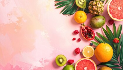 Fruits, leaves, and pink backdrop