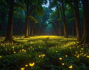 Forest path glows in the evening light