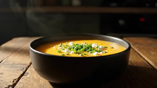 Serving pumpkin soup in bowl. Cream swirl and chive garnish top soup. Bowl sits on rustic wood table. Kitchen counter seen behind. Warm food ready to serve. Rich orange color evokes autumn harvest.