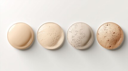 Different liquid and textured cosmetic foundation samples isolated on white background