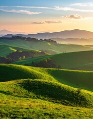 Rolling green hills under a sunset sky