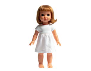 Classic doll in a white dress, lit from above, on a black background