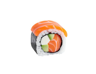 Close-up of a single piece of sushi with salmon, avocado, and rice