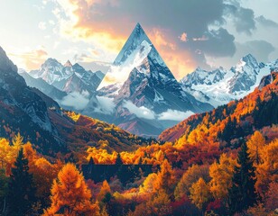 Autumnal mountain valley, snowy peaks