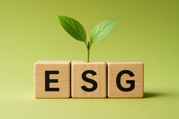 Vibrant green plant sprouts from wooden ESG blocks, beautifully symbolizing vital environmental, social, and governance investments fostering sustainable development and future responsibility