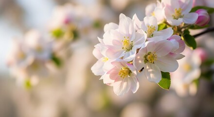 Close-up view of delicate white and pink apple blossoms blooming in sunlight.