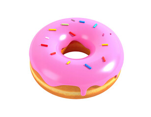 3D rendering of a sweet donut with pink icing and colorful sprinkles
