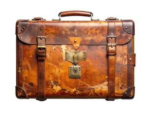 Antique leather suitcase, worn and aged with buckles and straps, isolated
