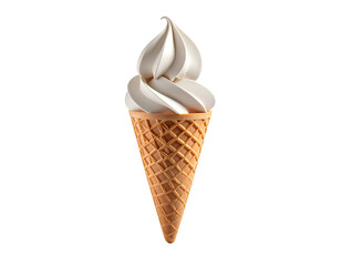 A smooth, swirled white frozen treat sits atop a crisp waffle cone
