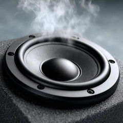 Close-up of a black speaker with visible smoke rising