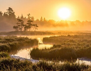 Sunrise over misty swamp grasses