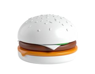 Glossy, stylized hamburger with sesame seed bun and melted sauce