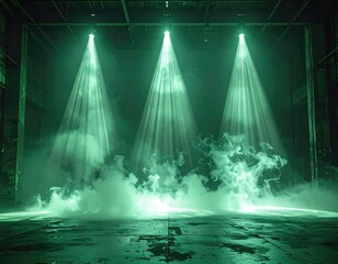 Three spotlights illuminate smoky floor