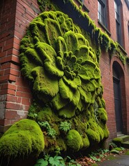 Moss art on brick building's facade