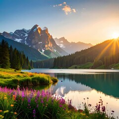 Serene alpine lake at sunrise, mountains