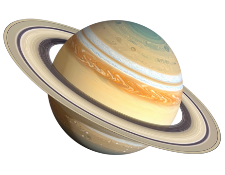 A planetary body with vibrant bands and prominent ring system against a black void