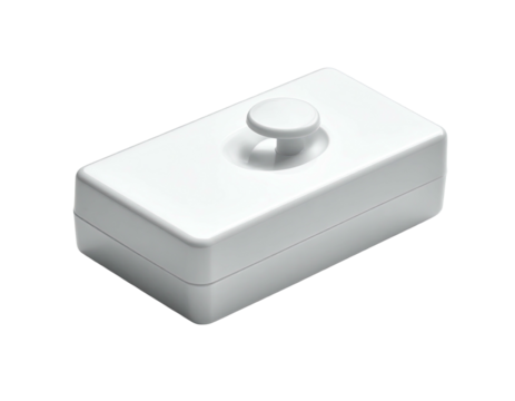 White rectangular device, knob on top, floating on black background