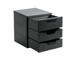 Stacked, black office organizer with three pull-out drawers. One drawer open