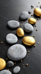 Gray/gold stones on dark textured surface