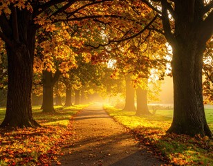 Autumn path with sunlit trees