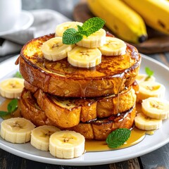 Stack of French toast with bananas