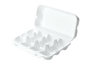 Open white, plastic container designed to hold a dozen eggs, isolated on black