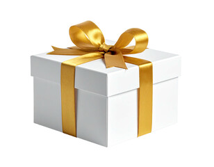 Obraz premium A square white gift box with a golden ribbon bow and streamers