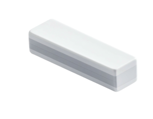 Isometric view of a rectangular, layered white and gray device