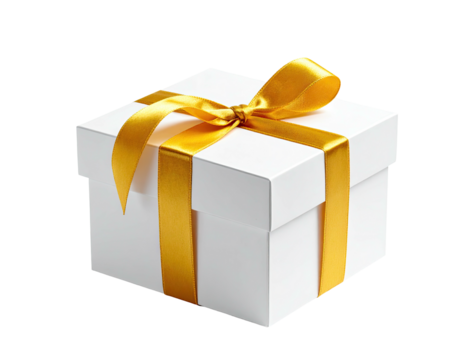 A square white gift box adorned with a bright yellow ribbon and bow