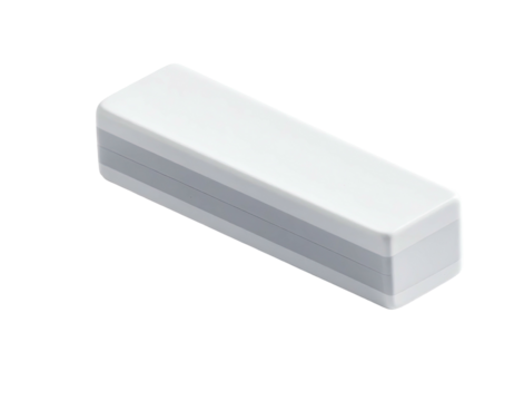 Isometric view of a rectangular, layered white and gray device