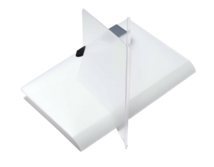 Isometric view of a white, rectangular object with a clear, perpendicular divider